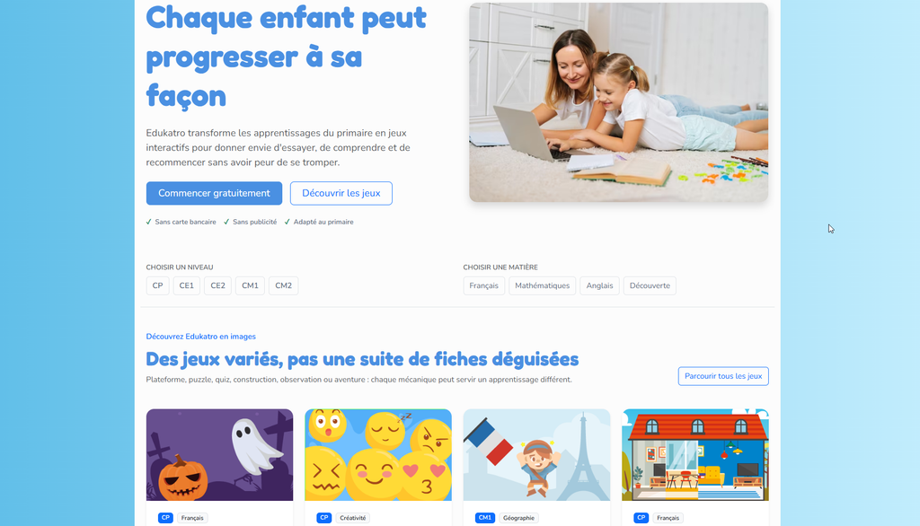 Plateforme ludo-éducative Edukatro pour les enfants du CP au CM2