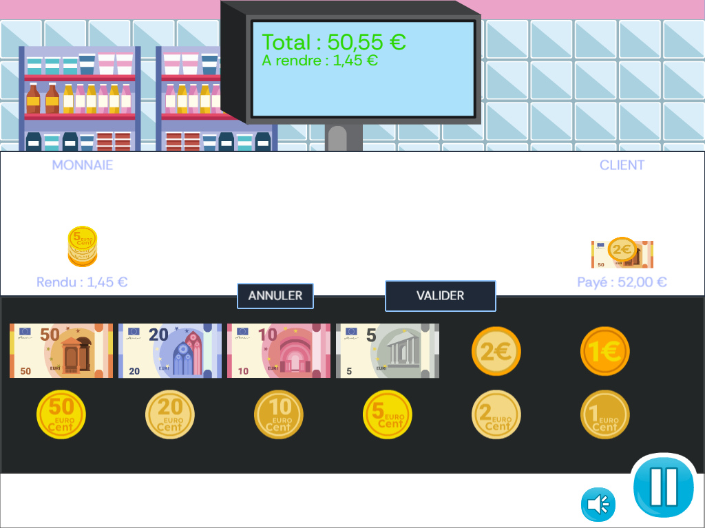 image d'un jeu dans lequel on tient une caisse et on doit rendre la monnaie.
