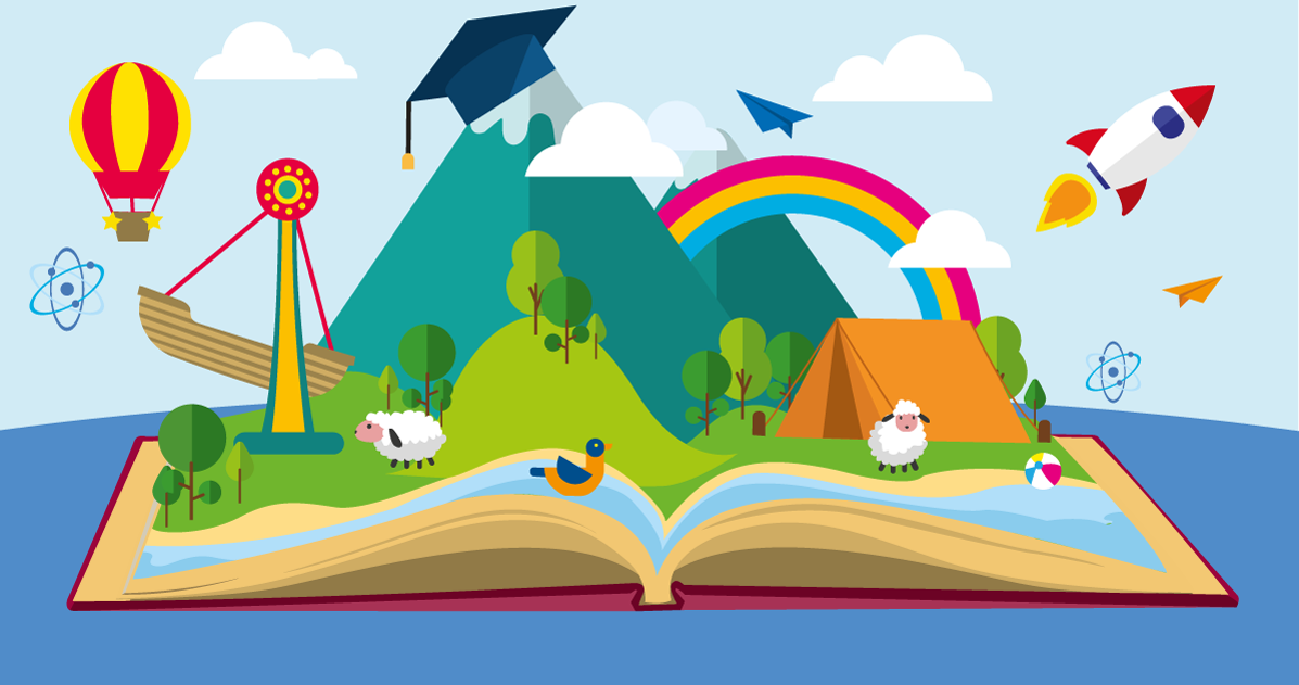 image d'un livre débordant d'idées, de montagne, de fusée, d'imagination
